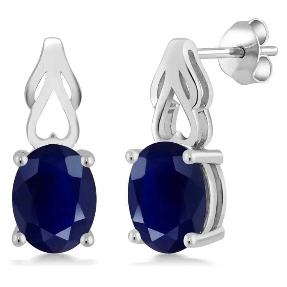 925 Sterling Silver with 5.00 Cttw Navy Blue Sapphire Oval Post Drop Earrings